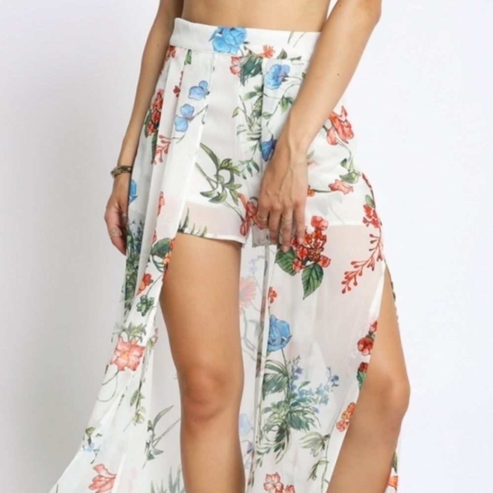 San Souci Floral Maxi Skirt Overlay Shorts, white floral